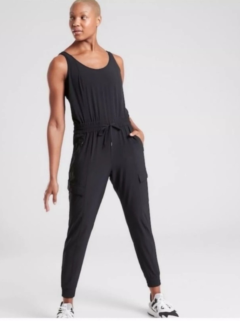 Athleta Unbound Jumpsuit Black Sleeveless Elastic Waist Cargo Pockets